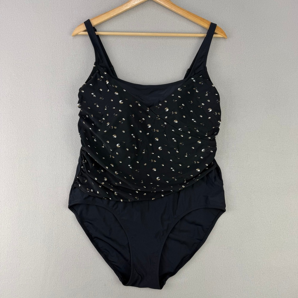Amoorea Swimsuit Women Large Black One Piece Polka Dot Ruched Slimming‎ Beach